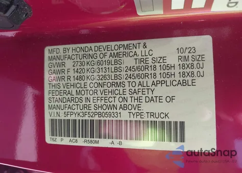 2023 Honda Ridgeline Rtl from USA, damaged, VIN 5FPYK3F52PB059331